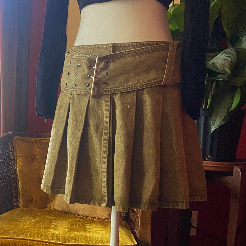 Y2K Designer Pleated Mini Skirt – Green Denim